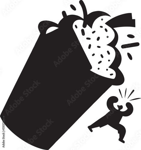 Black and White Illustration of a Person Struggling Under a Large Tipping Bucket vector