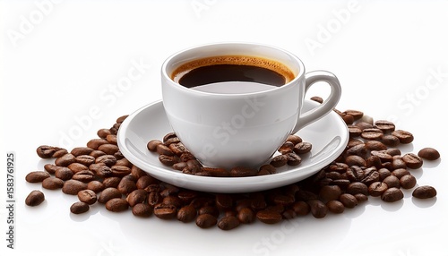 white coffee cup and saucer with coffee isolated on white background