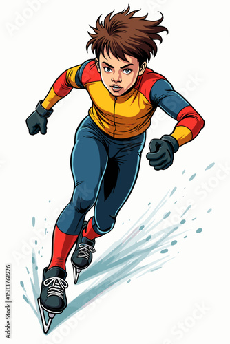 Speed skater character, determined expression, athletic performance, colorful outfit, copy space