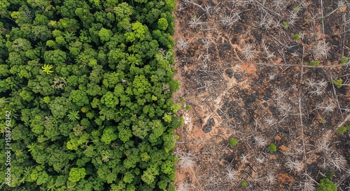 Aerial View of Deforestation and Reforestation Showing Contrasting Forests