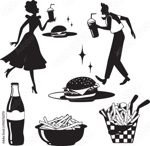 Black and White Retro Diner Illustration Silhouettes of Man Woman Burgers Fries Soda milkshake drink