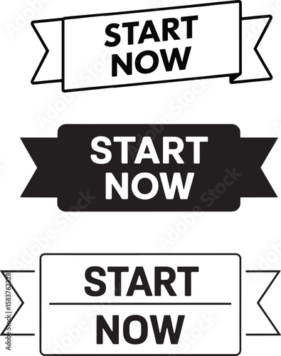 Start now ribbon and banner style black and white vector badges collection for startup web buttons user interfaces and business promotion content