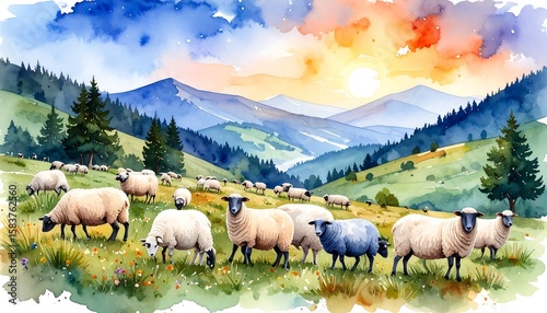 Watercolor sheep grazing in a mountain meadow at sunset