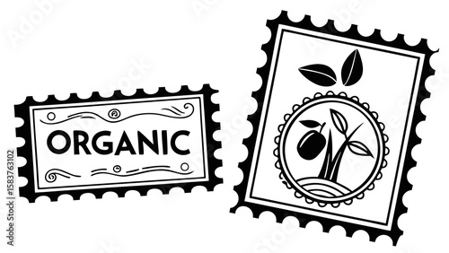 black and white organic stamp designs featuring decorative text and a stylized fruit plant illustration isolated on white background.