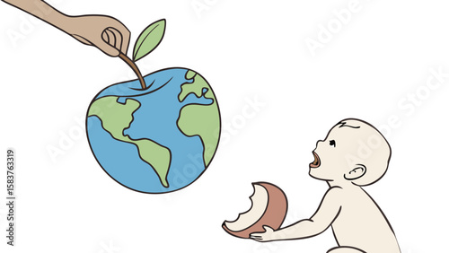 human responsibility to preserve the earth for future generations, symbolized by a hand offering a globe-apple to a baby with a bitten core isolated on white background.