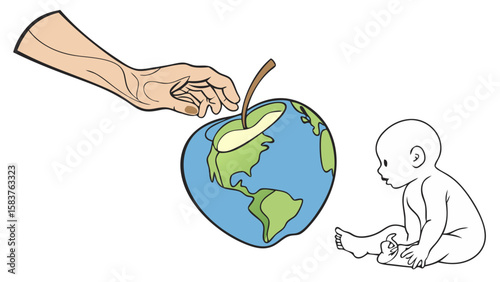 human responsibility for the planet's future generations depicted as a hand offering a bitten earth-apple to a baby isolated on white background.