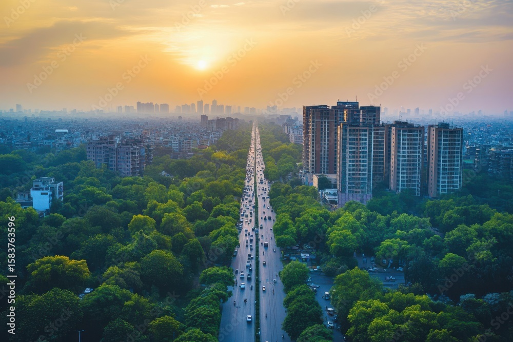 Obraz premium Aerial view of a busy city road lined with lush trees during sunset in a metropolitan area