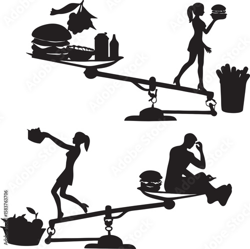 Black Silhouette Illustration Two Seesaws Healthy Unhealthy Food Choices People Weighing Diet Balance