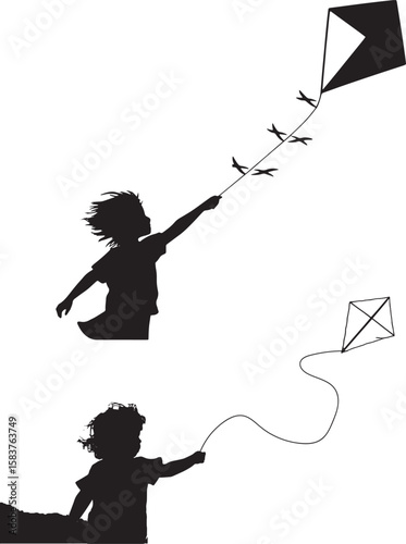 Silhouette of children flying kites in the field with wind blowing grass showing freedom outdoor fun and childhood playfulness in a natural setting