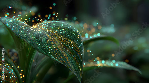 Close up of green leaf veins with glowing light particles