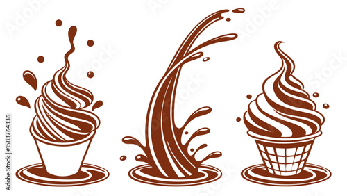 decadent chocolate soft serve and splashes isolated on white background.