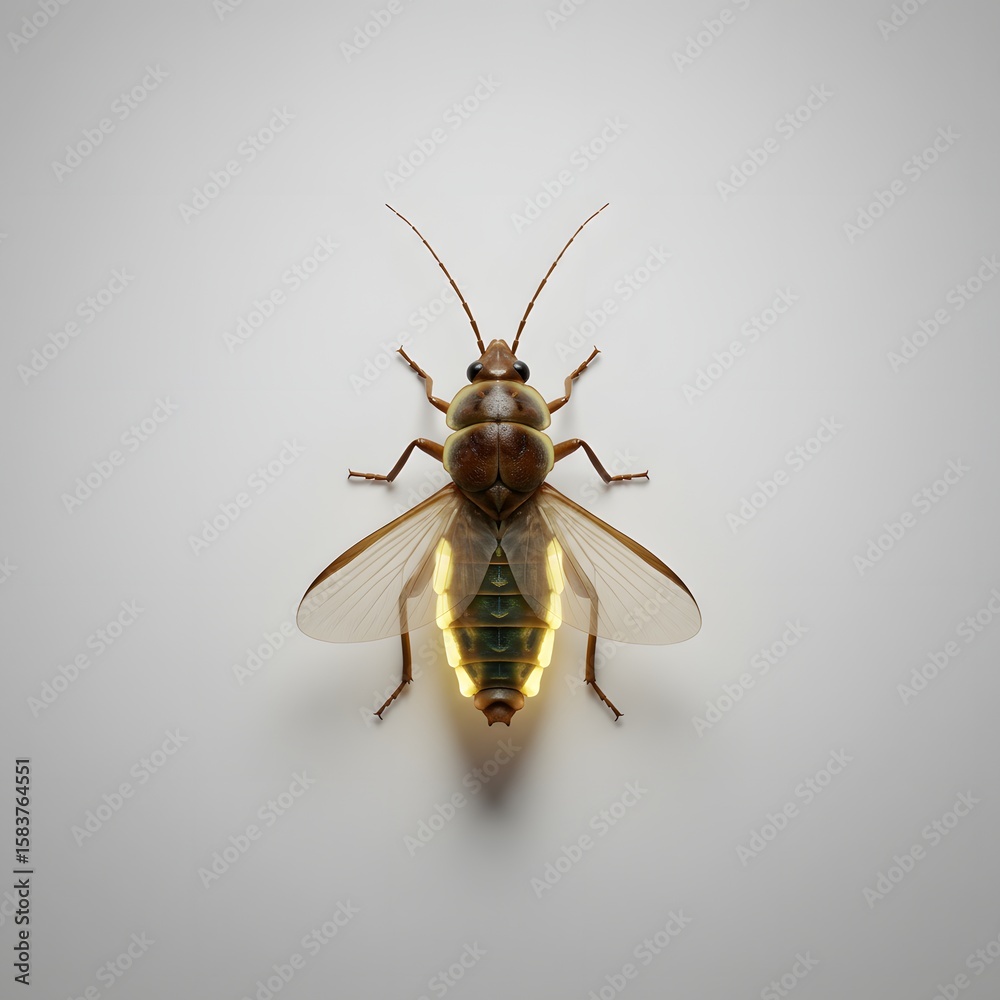Fototapeta premium A detailed, overhead shot of a glowing insect, perfectly centered, showcases its intricate details and radiant glow, inviting the viewer to explore the beauty of nature.