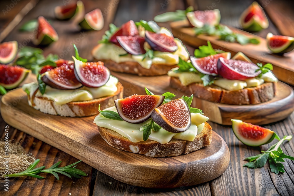 Fig and cheese bruschetta with fresh basil topping Fig and cheese bruschetta with fresh basil topping