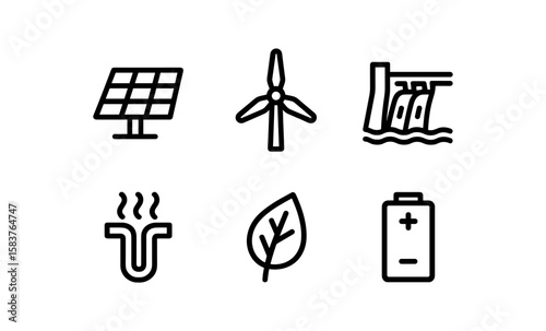 Sustainable energy icons featuring solar, wind, hydro power in linear style