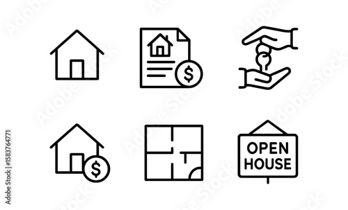 Real estate icon set featuring home, contract, keys, and floor plan symbols