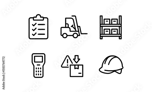 Warehouse and logistics icons set: forklift, checklist, barcode scanner, shelving, safety helmet