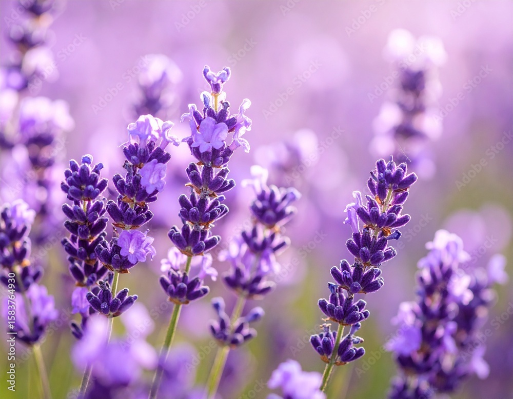 Obraz premium Lavender's Symphony: A close-up captures the essence of a lavender field in full bloom, with its delicate purple flowers swaying gently. The air is filled with the fragrant scent.