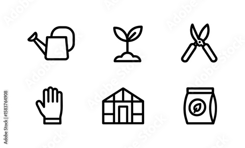 Gardening tools and plants set in minimalist linear style with dark background