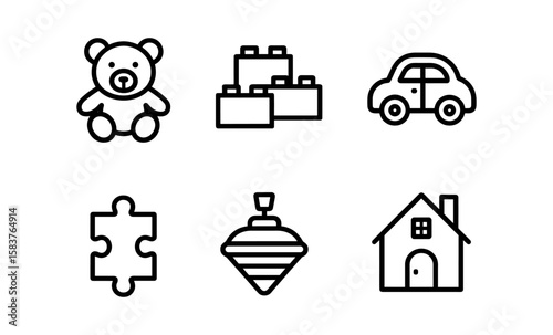 Minimalist toy and game icon set featuring puzzle bear car and house