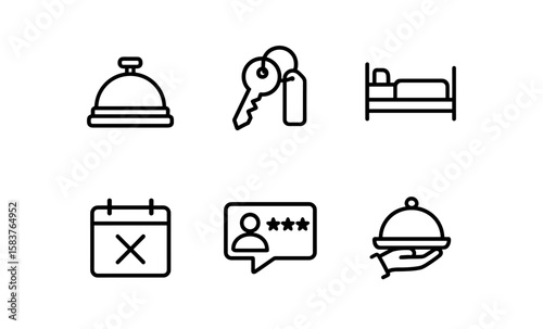 Hotel service icons set: bell, keys, bed, calendar, review, room service