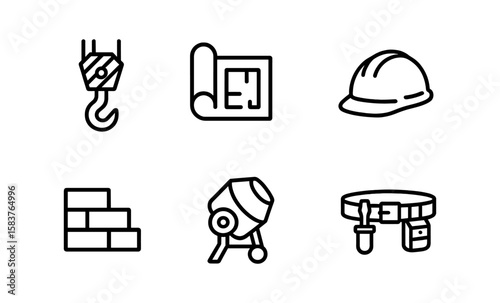 Construction symbols in neon style: hard hat, blueprint, brick wall, cement mixer, hook, tool belt