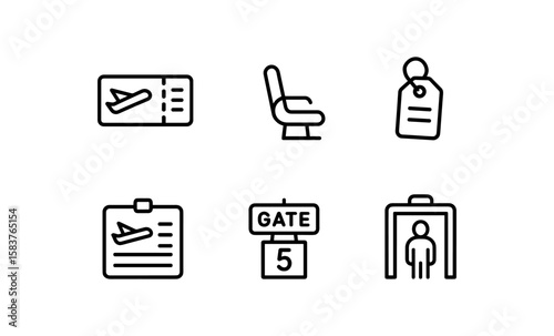 Simple line icons of air travel essentials including ticket, seat, and gate signage