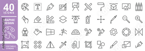 Set of Graphic Design and Creativity Line Icons. Editable Stroke. For Mobile and Web. Contains such icons as Creativity, Design, Art Tools, Drawing Tablet, Typography, Color Palette, ruler