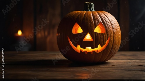 Illuminated jack o lantern on rustic wooden table
