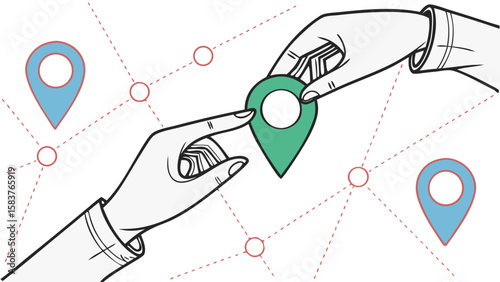 hands interacting with a network map pin isolated on white background.