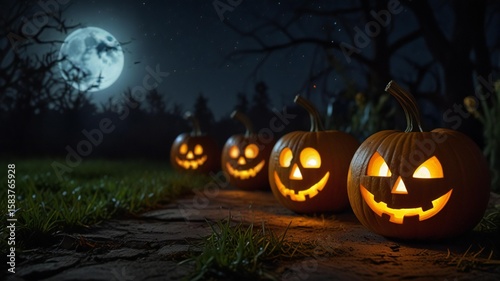 Lighted jack o lanterns on halloween night