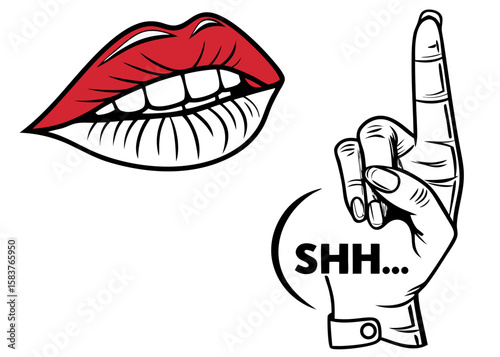 red lips and a shush gesture illustration design and isolated on white background.