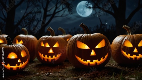 Illuminated jack o lanterns under a halloween moon