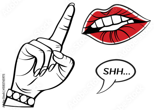 shush gesture with red lips and speech bubble isolated on white background.