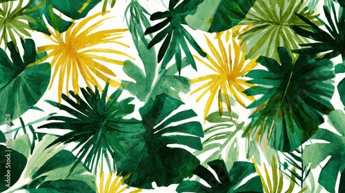 Abstract botanical vector background. Tropical plant wallpaper with foliage, palm, leaves, monstera in hand drawn pattern. Green watercolor botanical design for cover, prints, wall art, decorative., 