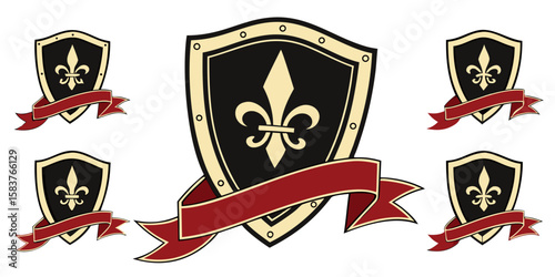 heraldic shield with fleur-de-lis and flowing red banners isolated on white background.