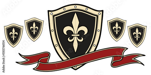 heraldic shields with fleur-de-lis and red banner isolated on white background.