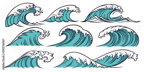 diverse ocean waves with crashing foam isolated on white background.