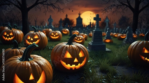 Illuminated jack o lanterns in a spooky graveyard
