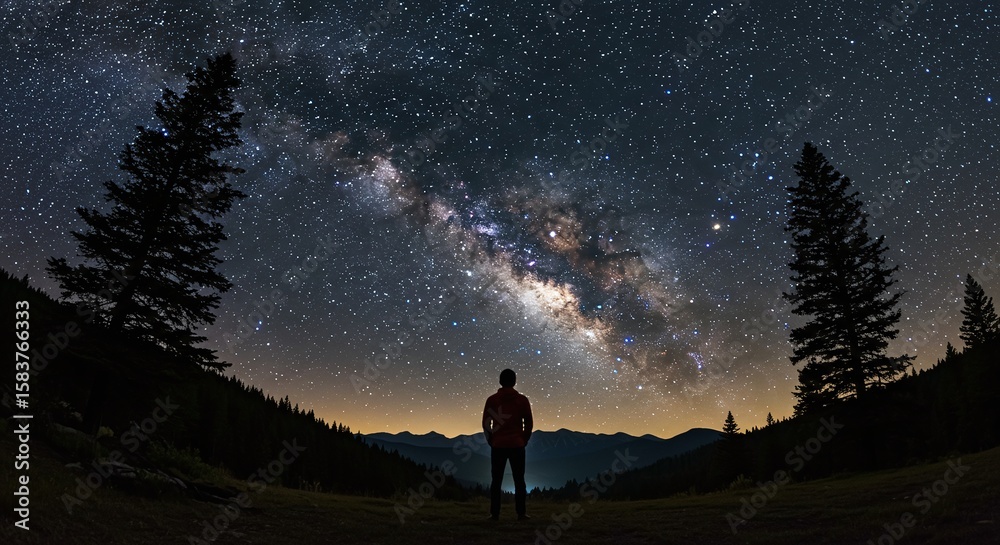 Fototapeta premium Silhouette of a Person Standing Under a Starry Night Sky with Milky Way in a Mountain Landscape