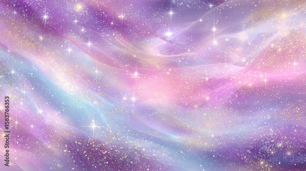 Fototapeta premium Unicorn fantasy background. Rainbow sky with glittering stars. Abstract galaxy, mermaid princess marble vector magic texture, no logos, no brands