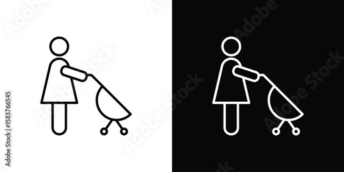 Woman with Baby Stroller icon in outline style. Vector.