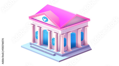 Isometric cartoon bank building with pink roof and blue doors and columns