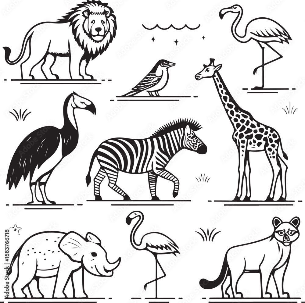 Obraz premium Hand Drawn African Safari Animals Vector Set – Lion, Zebra, Giraffe, Elephant, Flamingo & More