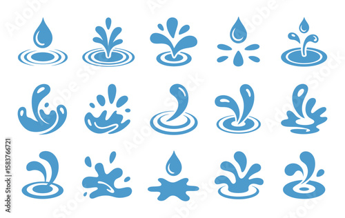 Set of water drops, dribbles, splashes, droplets, and wave design elements