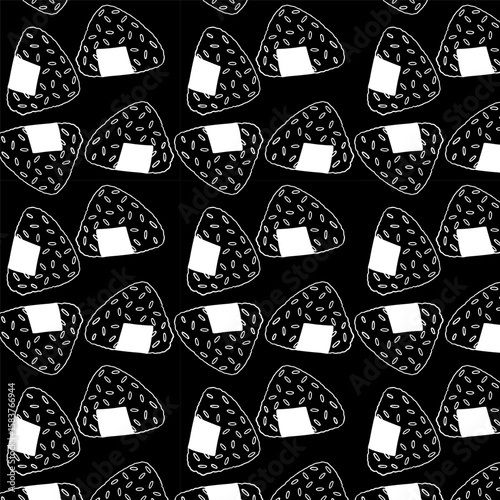 Seamless pattern with hand-drawn Japanese onigiri in black and white line art style. Perfect for Asian food-themed designs, textiles, packaging, or modern kitchen decor.