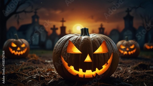 Glowing jack o lanterns in a spooky graveyard at sunset