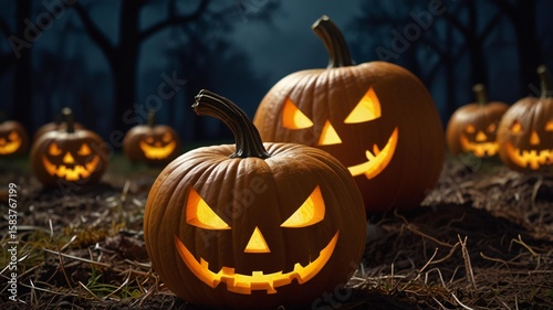 Illuminated jack olanterns in a dark forest