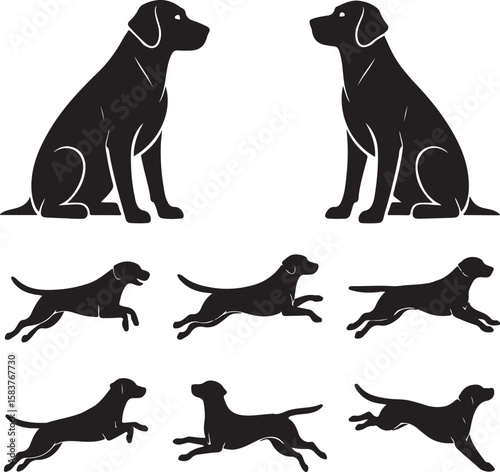 Black dog silhouettes in various poses canine animal