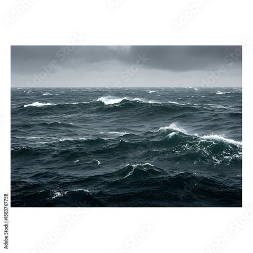 An expansive view of a stormy sea, showcasing the raw power and beauty of nature. The dark waves churn under a dramatic sky.