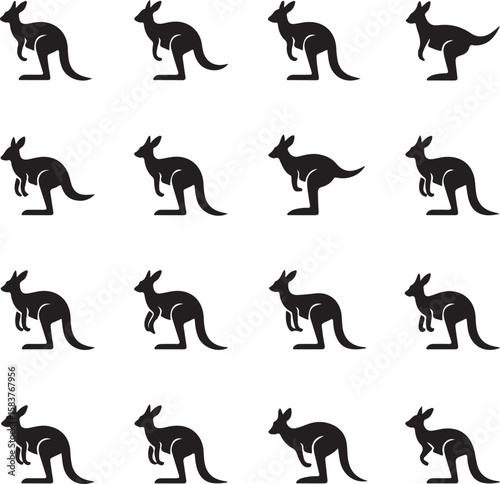 Black kangaroo silhouettes in various poses animal marsupial